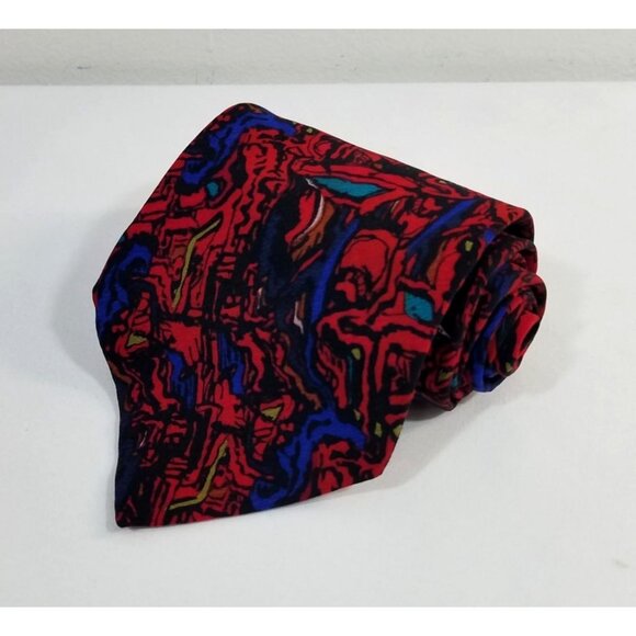 J. Garcia Mens Necktie Abstract Red Blue Silk Tie Hand Sewn In USA - Picture 2 of 8